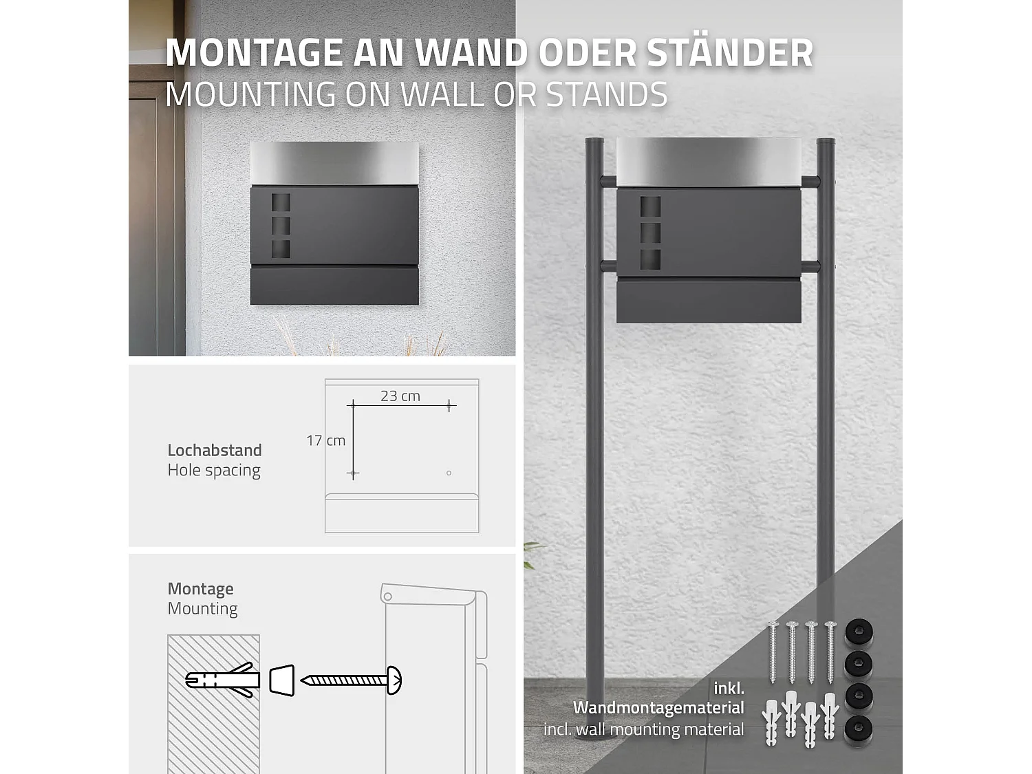 Boîte aux lettres avec support boîte postale anthracite/argent sur pieds +2 clés