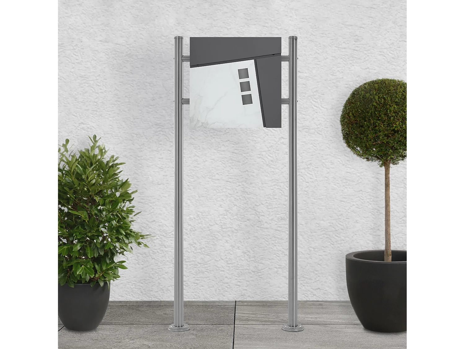 Boîte aux lettres anthracite/blanc avec support acier argenté sur 2 pieds 120 cm