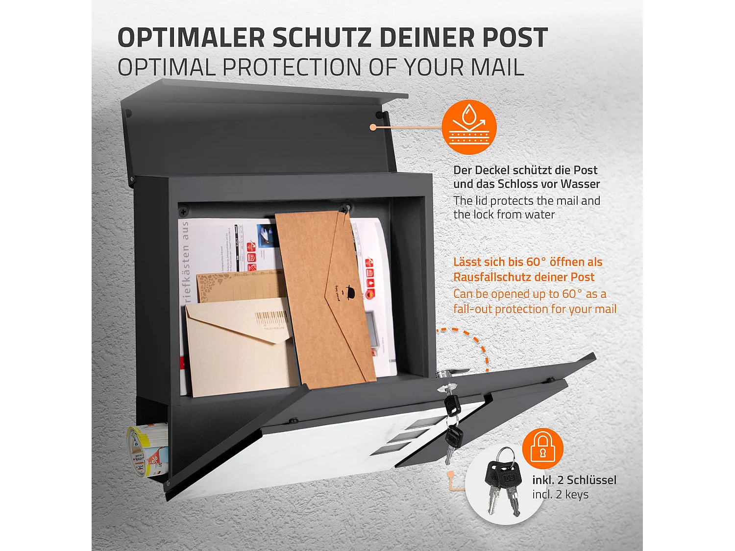 Boîte aux lettres anthracite/blanc avec support acier argenté sur 2 pieds 120 cm