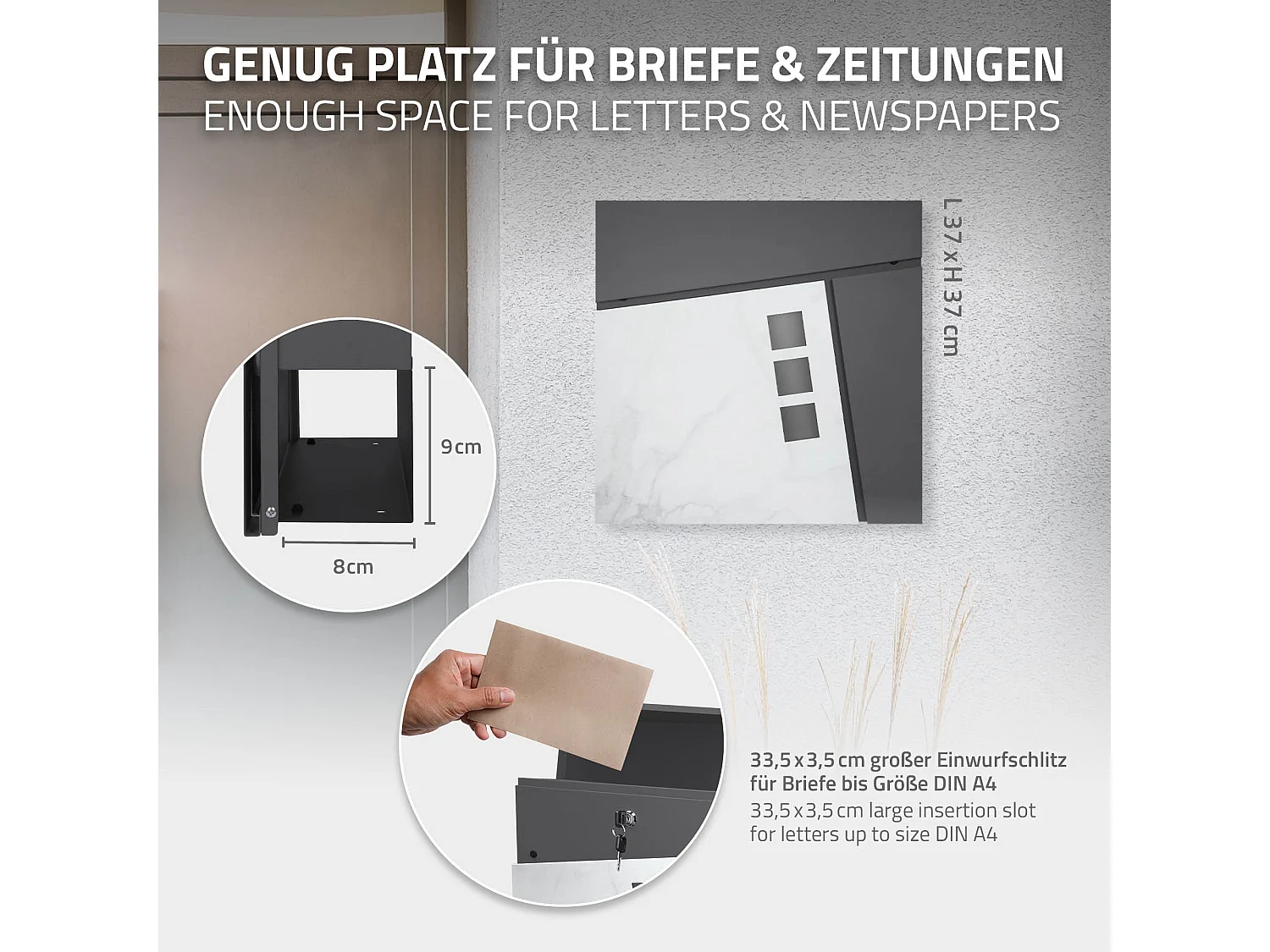 Boîte aux lettres anthracite/blanc avec support acier argenté sur 2 pieds 120 cm