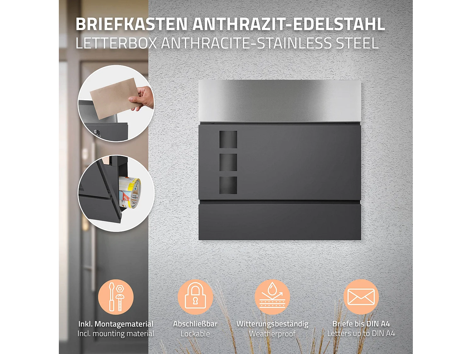 Boîte aux lettres sur pied anthracite en acier inoxydable compartiment journaux