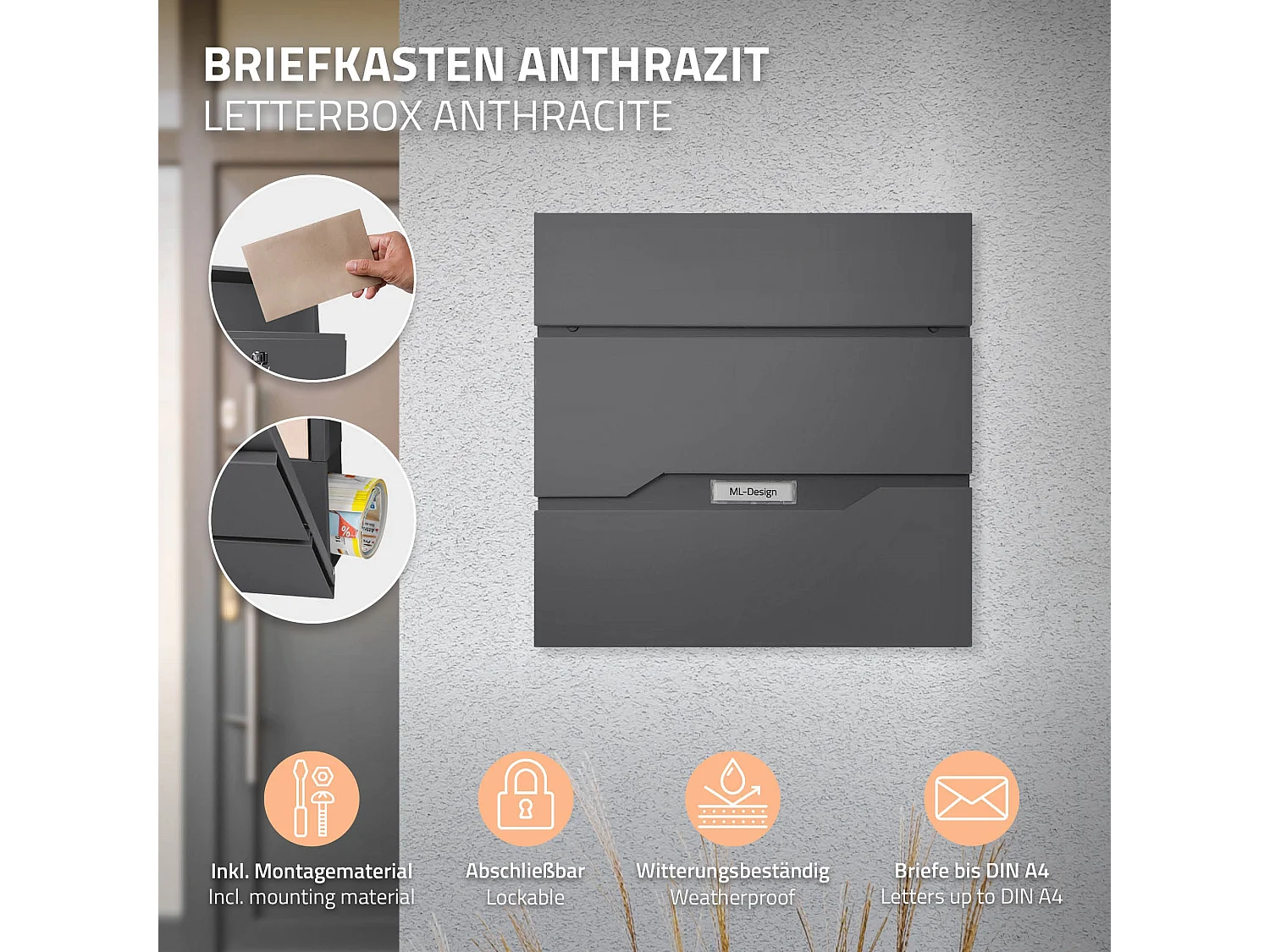 Boîte aux lettres murale anthracite avec 2 clés compartiment à journaux moderne