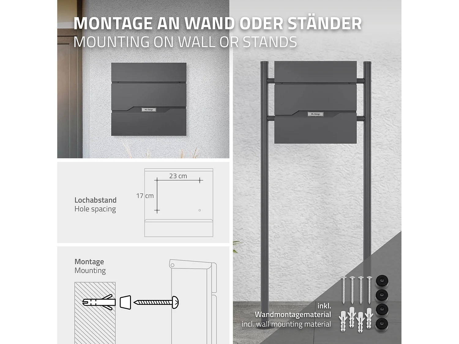 Boîte aux lettres murale anthracite avec 2 clés compartiment à journaux moderne