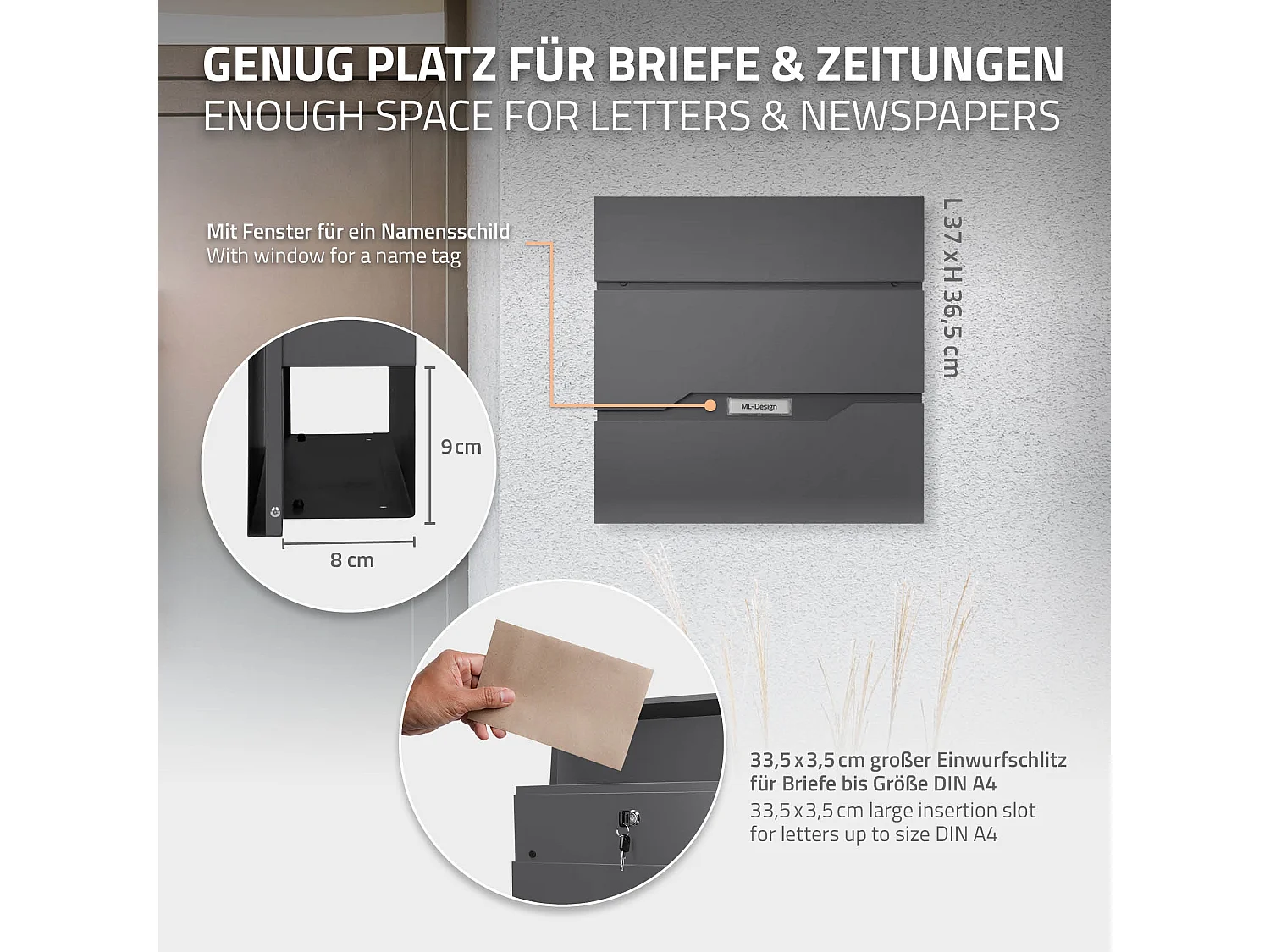 Cassetta postale antracite buca lettere con targhetta nome e supporto verticale