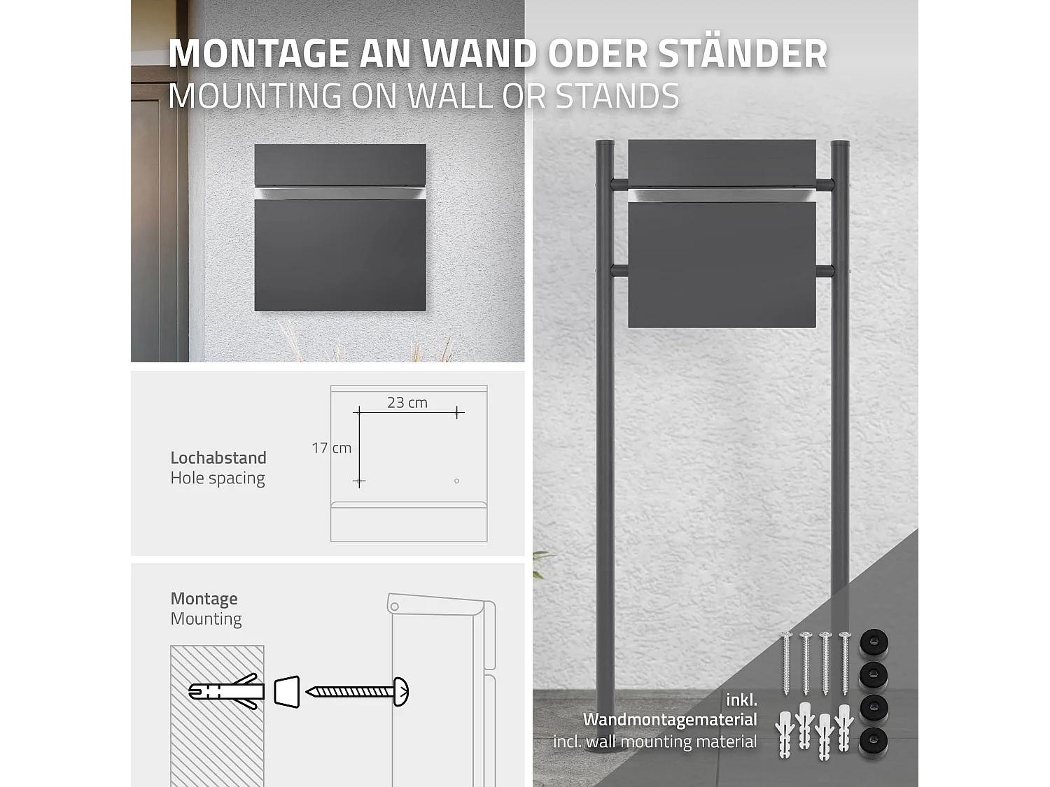 Boîte aux lettres sur pieds anthracite pour courrier en acier porte-journaux clé