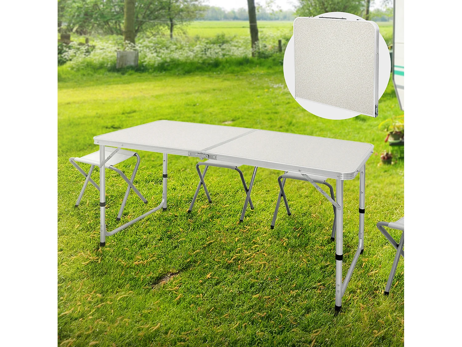 Table pliante de camping jardin pique-nique 120 cm blanc/crème en MDF/aluminium