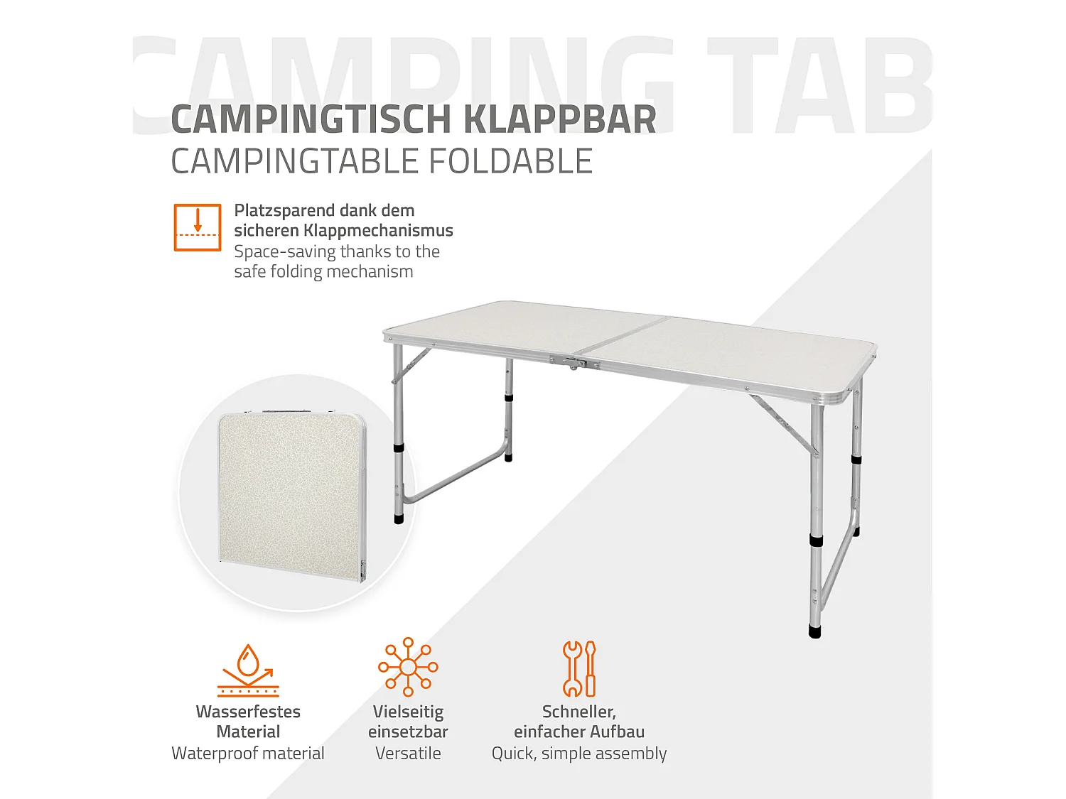 Table pliante de camping jardin pique-nique 120 cm blanc/crème en MDF/aluminium