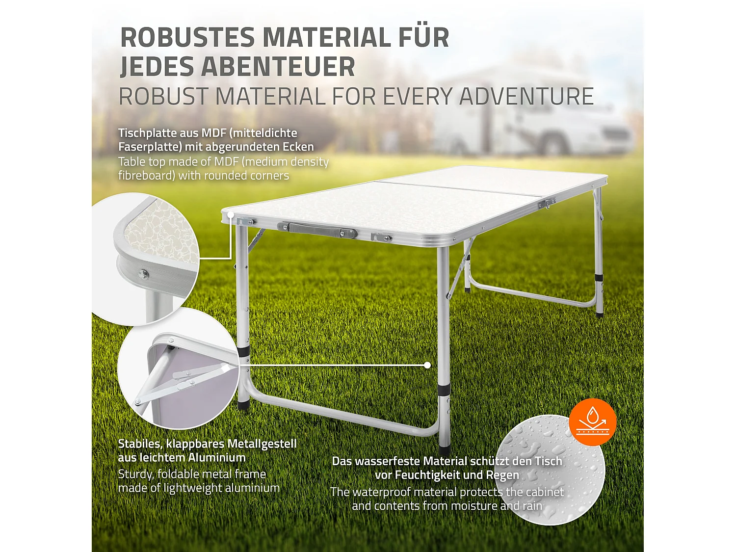 Table pliante de camping jardin pique-nique 120 cm blanc/crème en MDF/aluminium