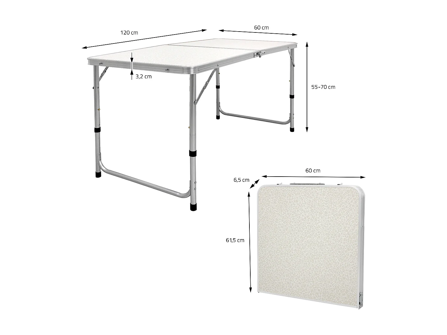 Table pliante de camping jardin pique-nique 120 cm blanc/crème en MDF/aluminium