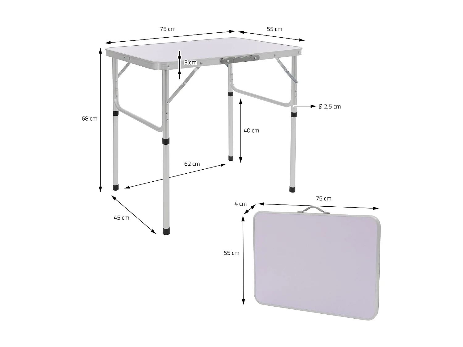 Tavolo pieghevole campeggio giardino terrazzo 75x55x68 cm in alluminio portatile
