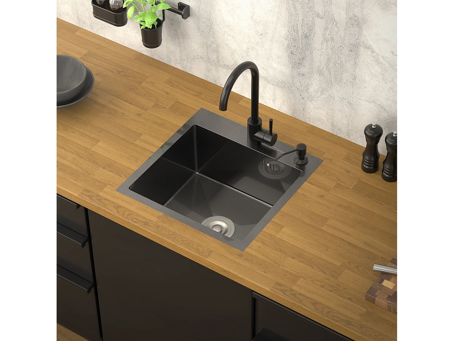 Évier de cuisine à encastrer anthracite 45x45 cm avec 2 trous vidage+trop plein