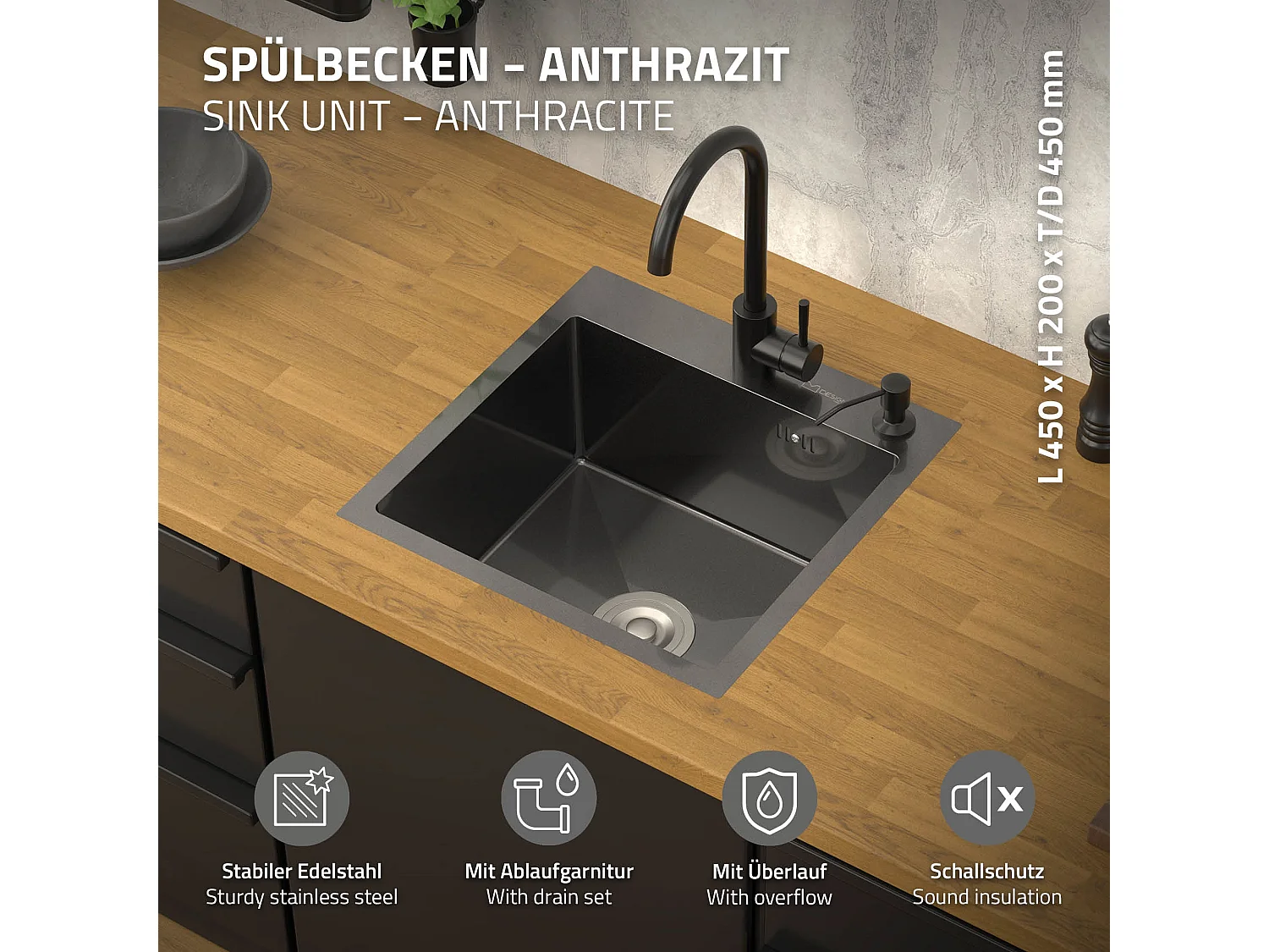 Évier de cuisine à encastrer anthracite 45x45 cm avec 2 trous vidage+trop plein