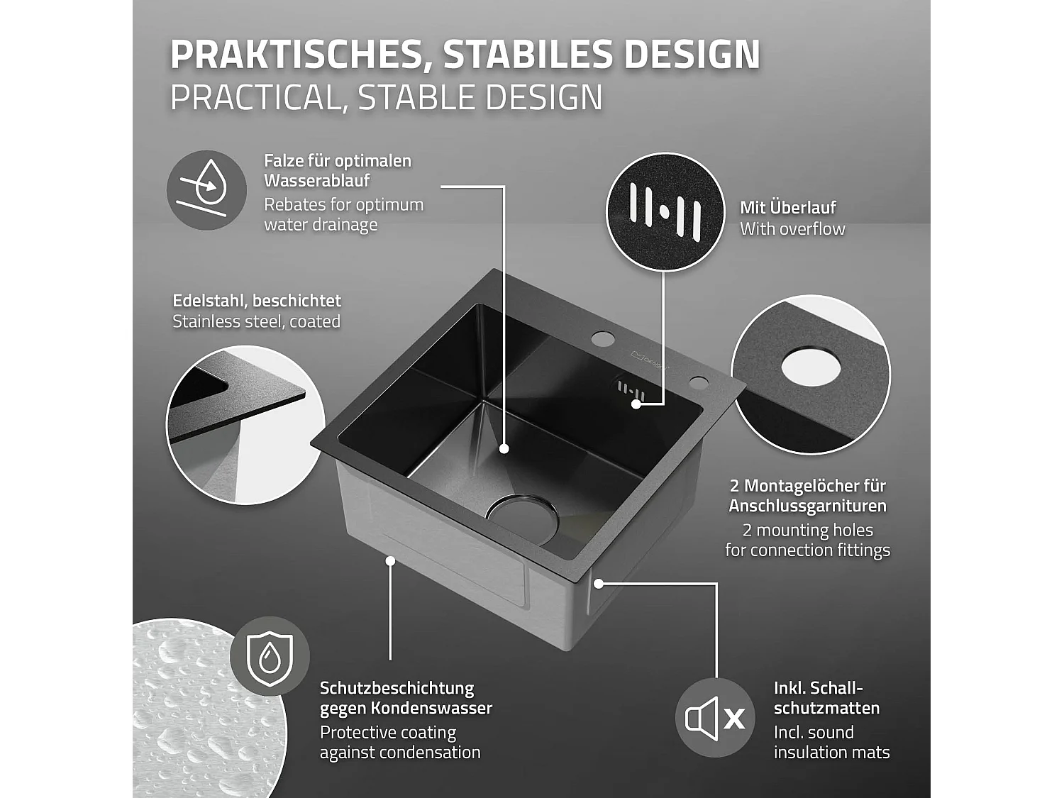 Évier de cuisine à encastrer anthracite 45x45 cm avec 2 trous vidage+trop plein