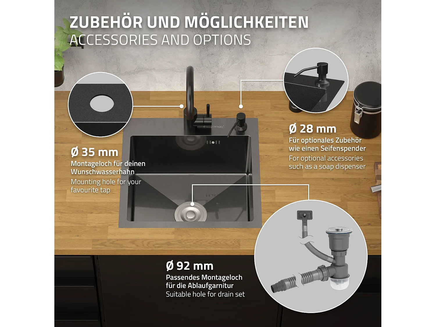 Évier de cuisine à encastrer anthracite 45x45 cm avec 2 trous vidage+trop plein