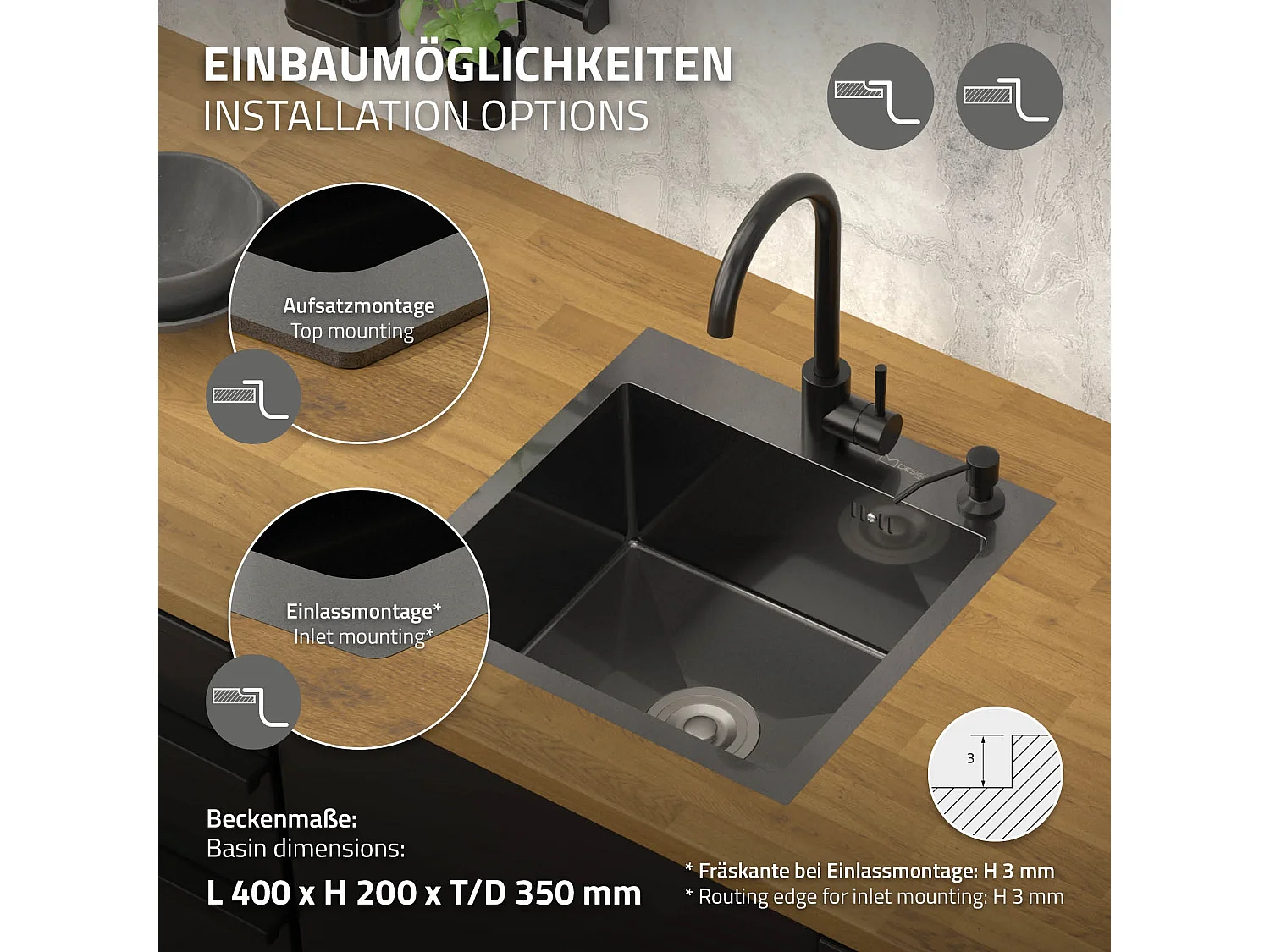 Évier de cuisine à encastrer anthracite 45x45 cm avec 2 trous vidage+trop plein