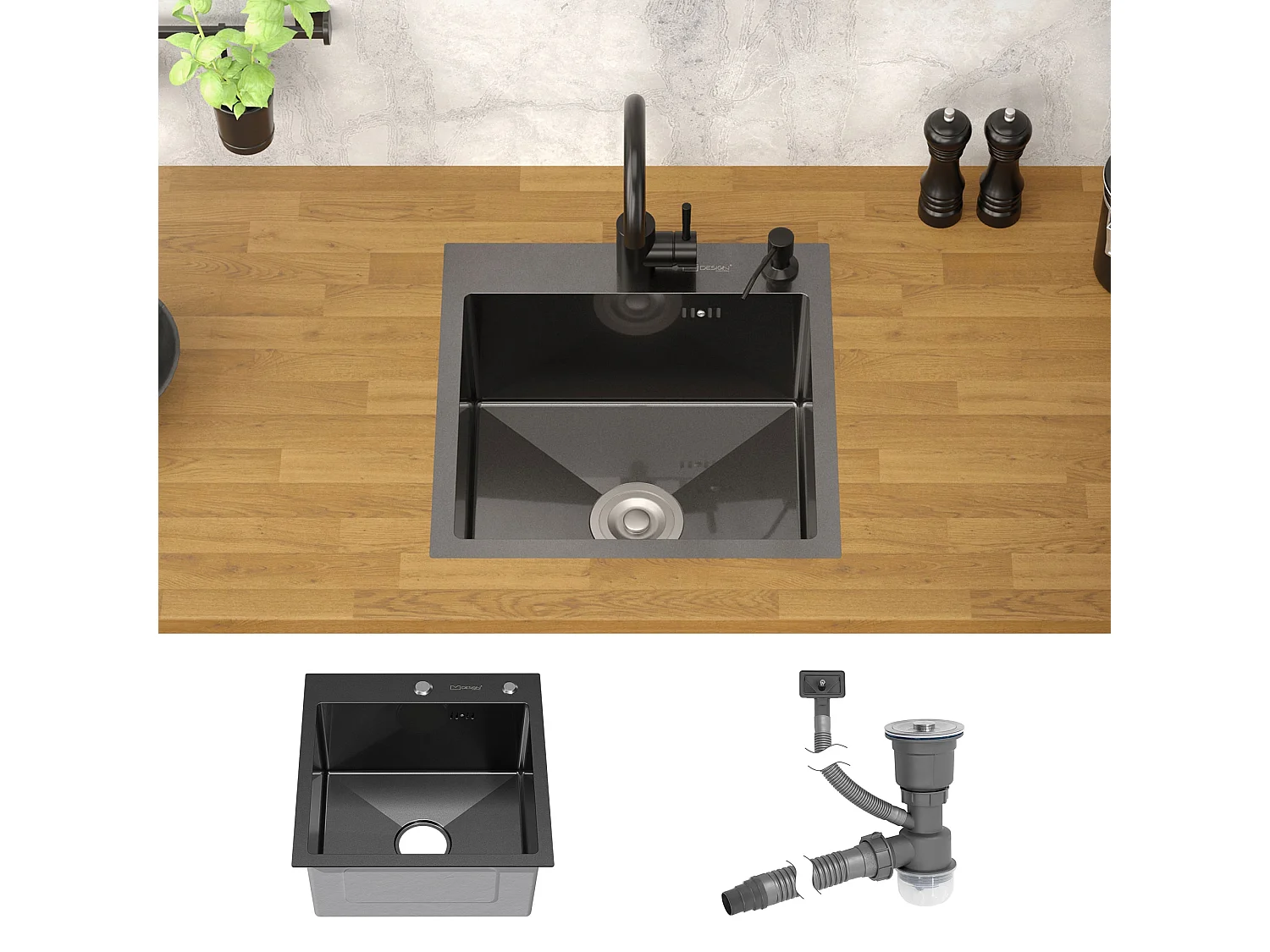 Évier de cuisine à encastrer anthracite 45x45 cm avec 2 trous vidage+trop plein