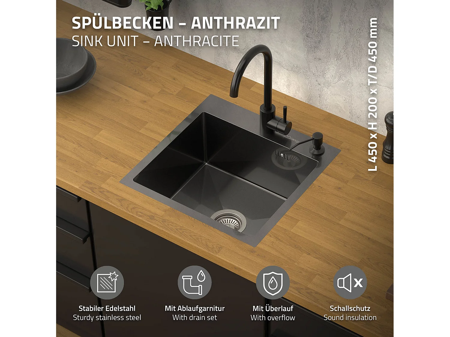 Évier de cuisine à encastrer anthracite 45x45 cm avec 2 trous vidage+trop plein