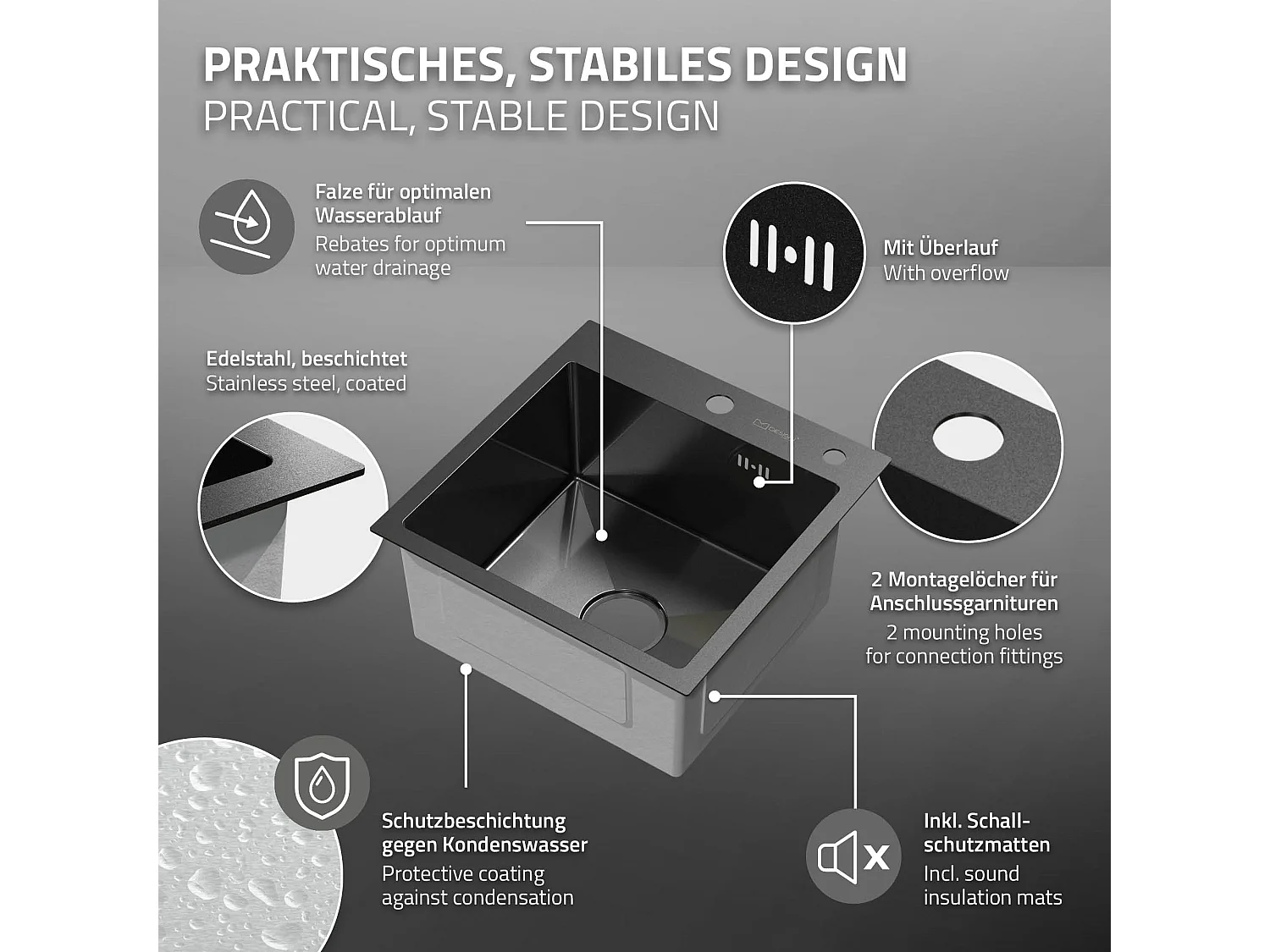 Évier de cuisine à encastrer anthracite 45x45 cm avec 2 trous vidage+trop plein