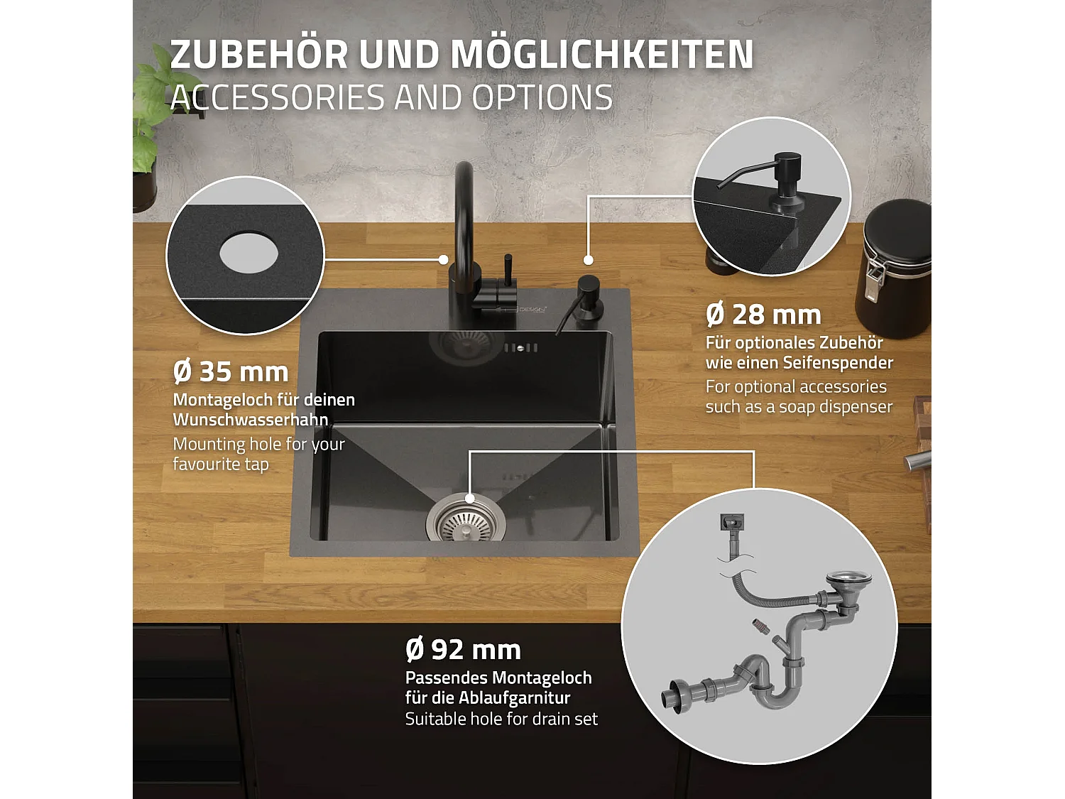 Évier de cuisine à encastrer anthracite 45x45 cm avec 2 trous vidage+trop plein