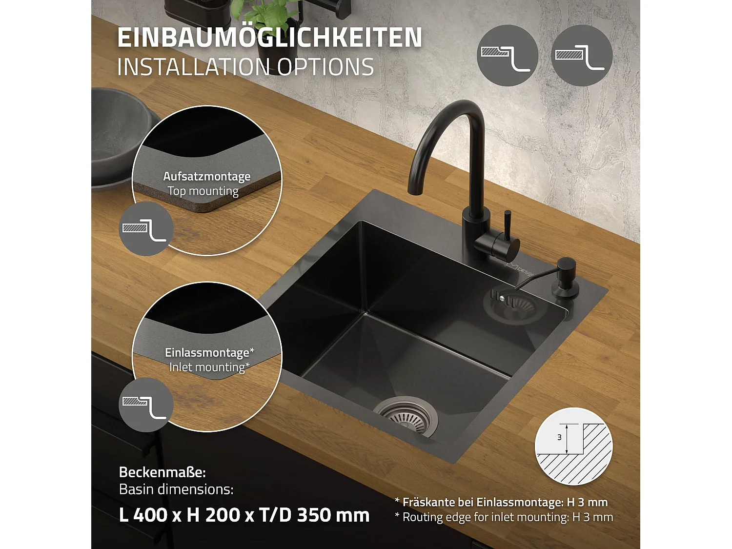 Évier de cuisine à encastrer anthracite 45x45 cm avec 2 trous vidage+trop plein