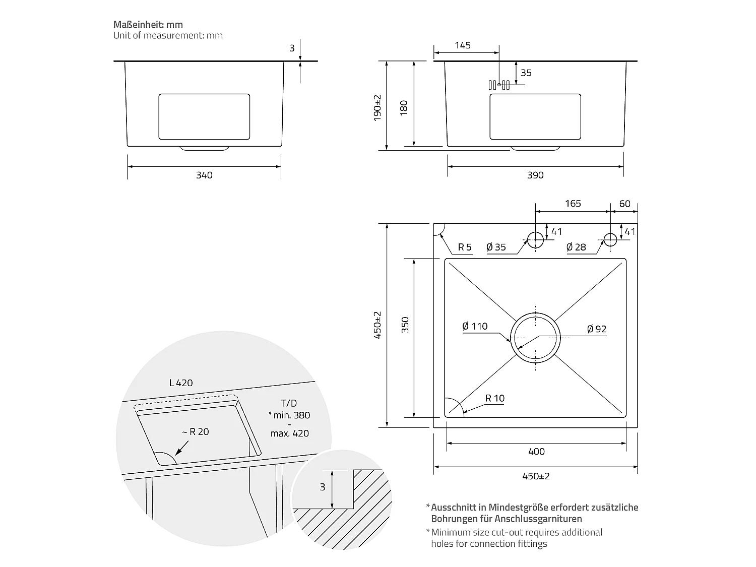 Évier de cuisine à encastrer anthracite 45x45 cm avec 2 trous vidage+trop plein