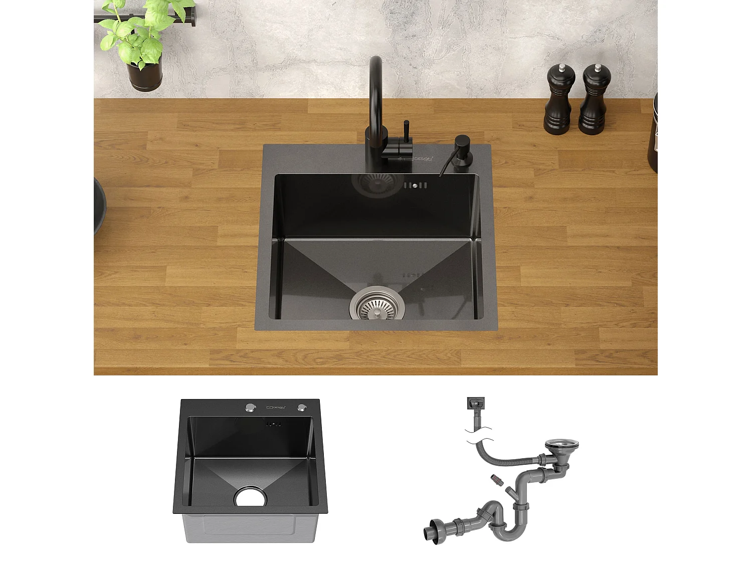 Évier de cuisine à encastrer anthracite 45x45 cm avec 2 trous vidage+trop plein