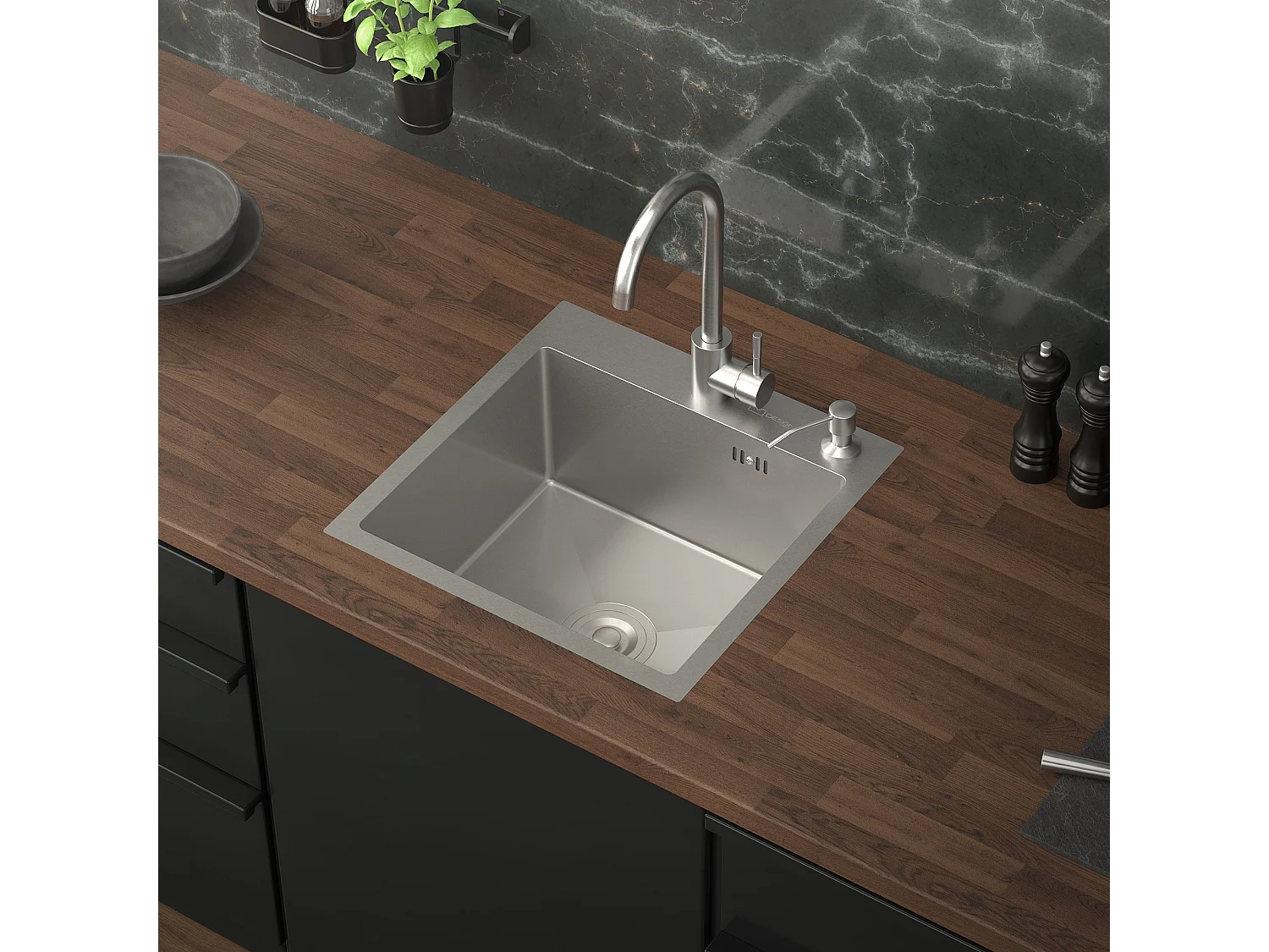 Évier de cuisine à encastrer en acier 45x45 cm avec 2 trous vidage et trop plein