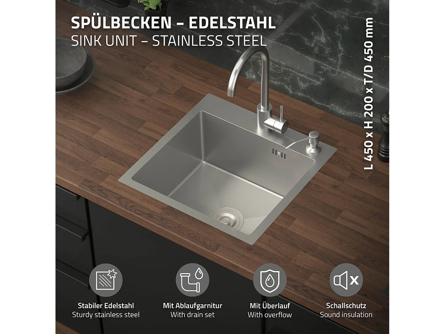 Évier de cuisine à encastrer en acier 45x45 cm avec 2 trous vidage et trop plein