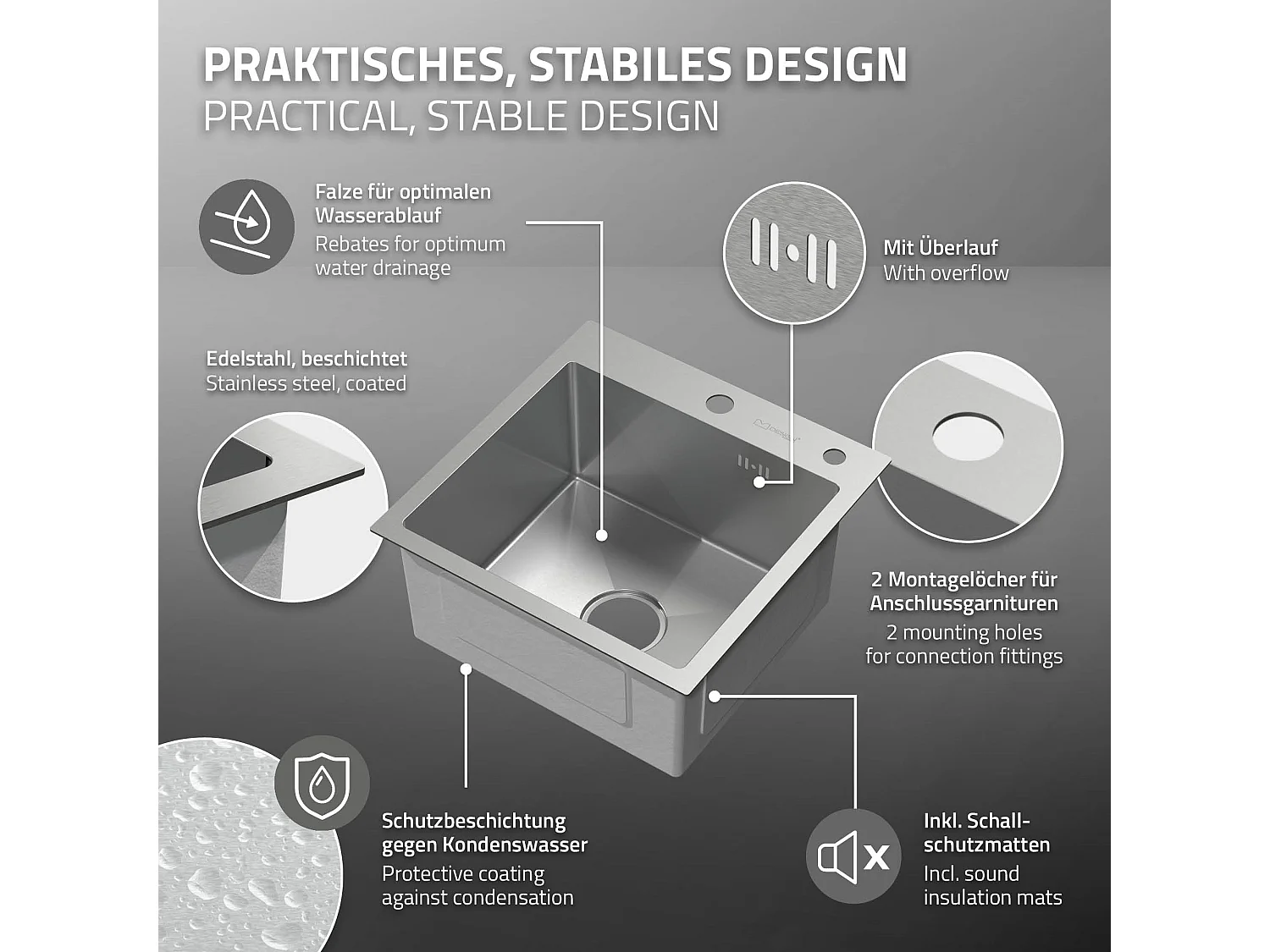 Évier de cuisine à encastrer en acier 45x45 cm avec 2 trous vidage et trop plein