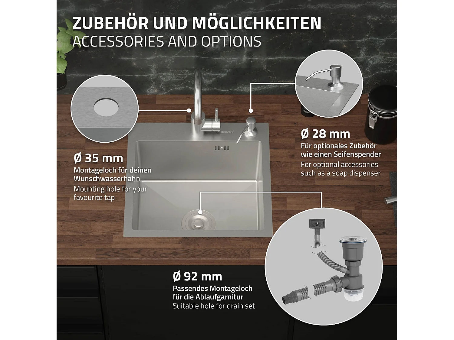 Évier de cuisine à encastrer en acier 45x45 cm avec 2 trous vidage et trop plein