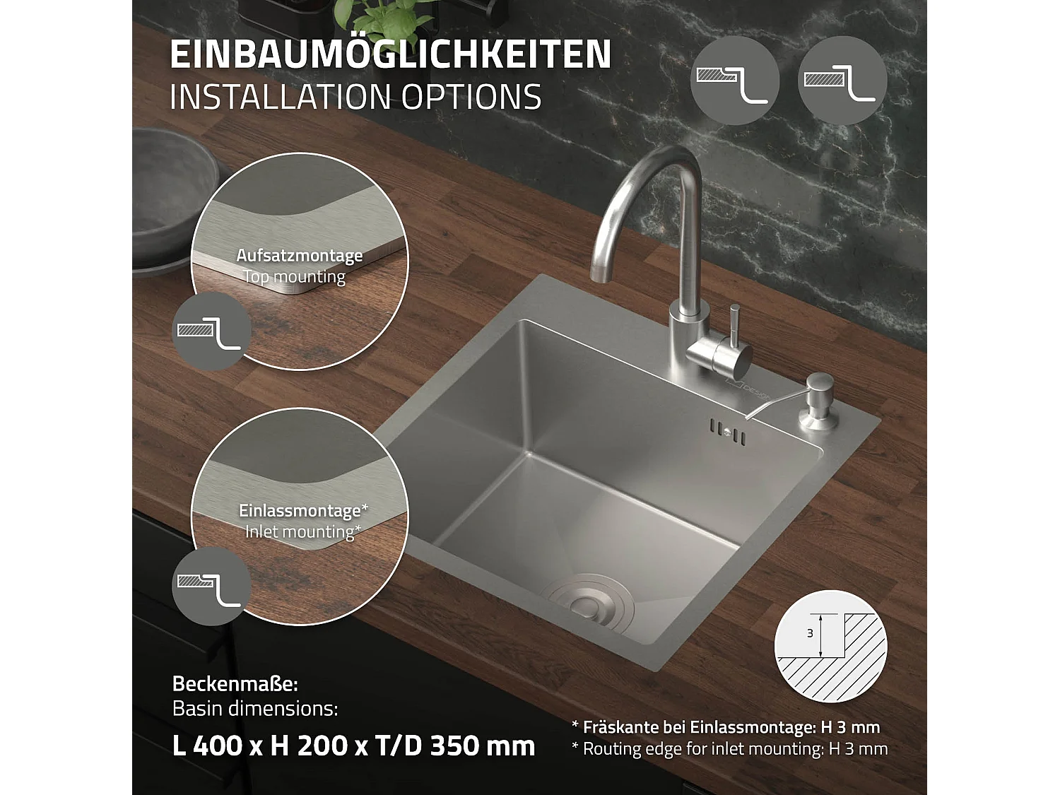 Évier de cuisine à encastrer en acier 45x45 cm avec 2 trous vidage et trop plein