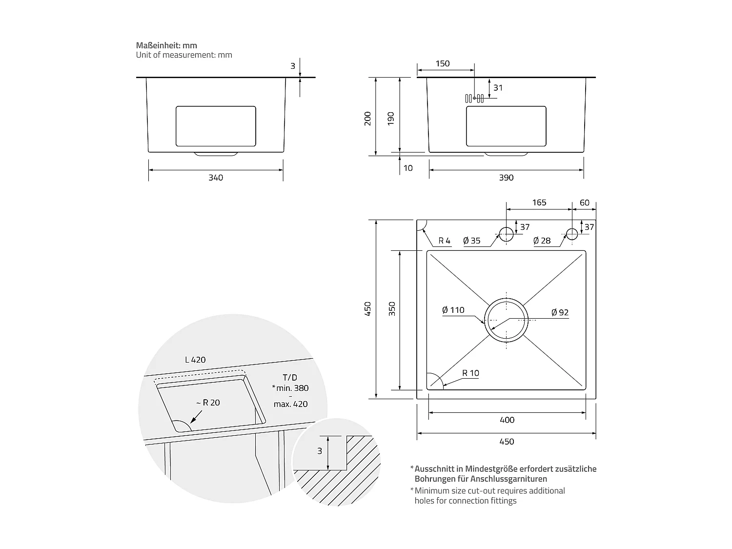 Évier de cuisine à encastrer en acier 45x45 cm avec 2 trous vidage et trop plein