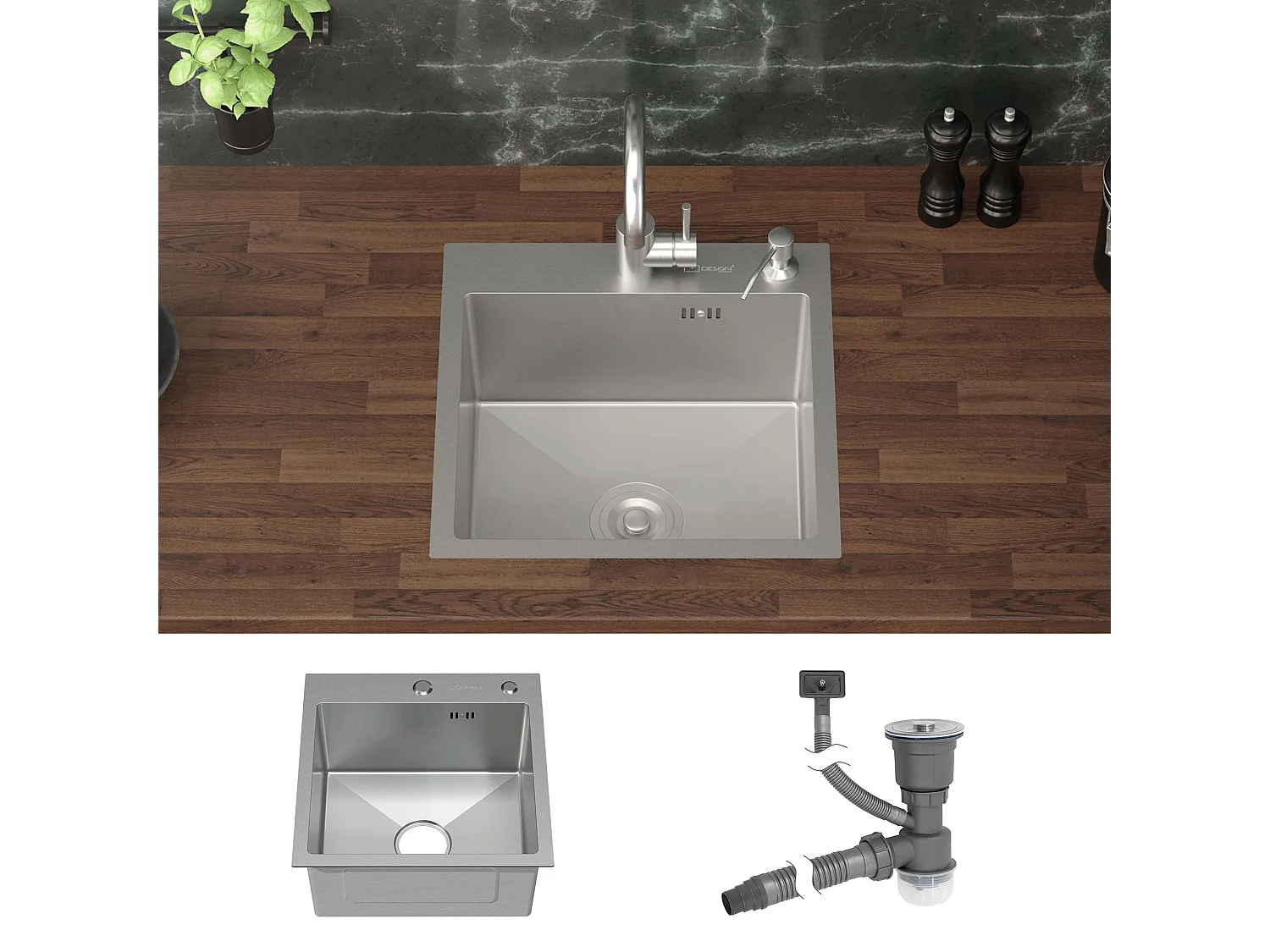 Évier de cuisine à encastrer en acier 45x45 cm avec 2 trous vidage et trop plein