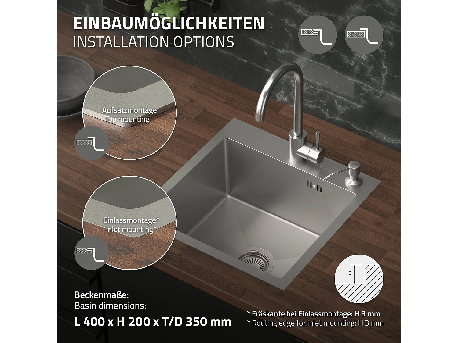 Lavello singola in acciaio vasca incassata argento 45x45 cm con set di scarico