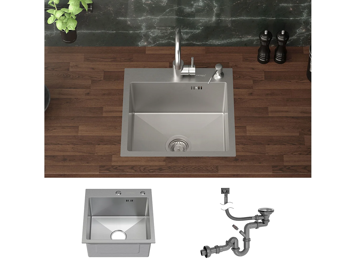 Lavello singola in acciaio vasca incassata argento 45x45 cm con set di scarico