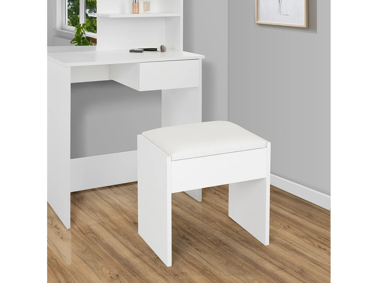 Tabouret de maquillage chaise table à cosmétique pouf en bois blanc avec coussin