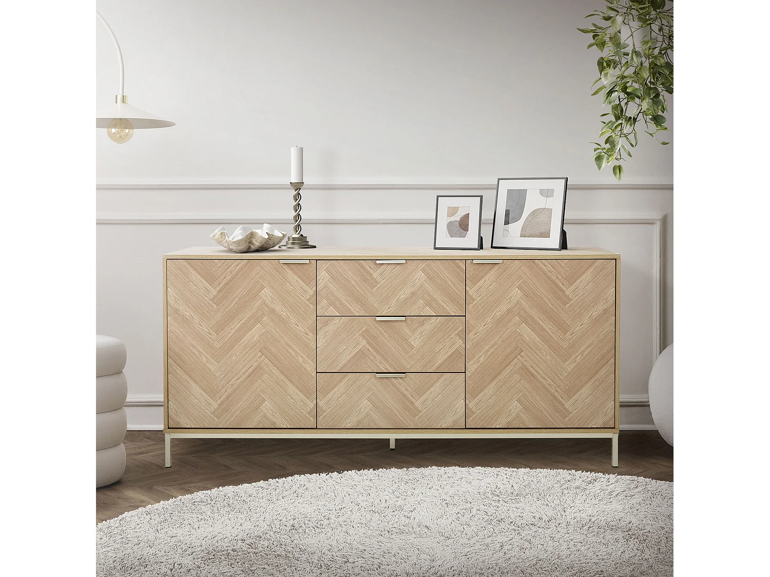 Buffet commode aspect chêne à chevrons meuble de rangement marron 160x75,5x40 cm