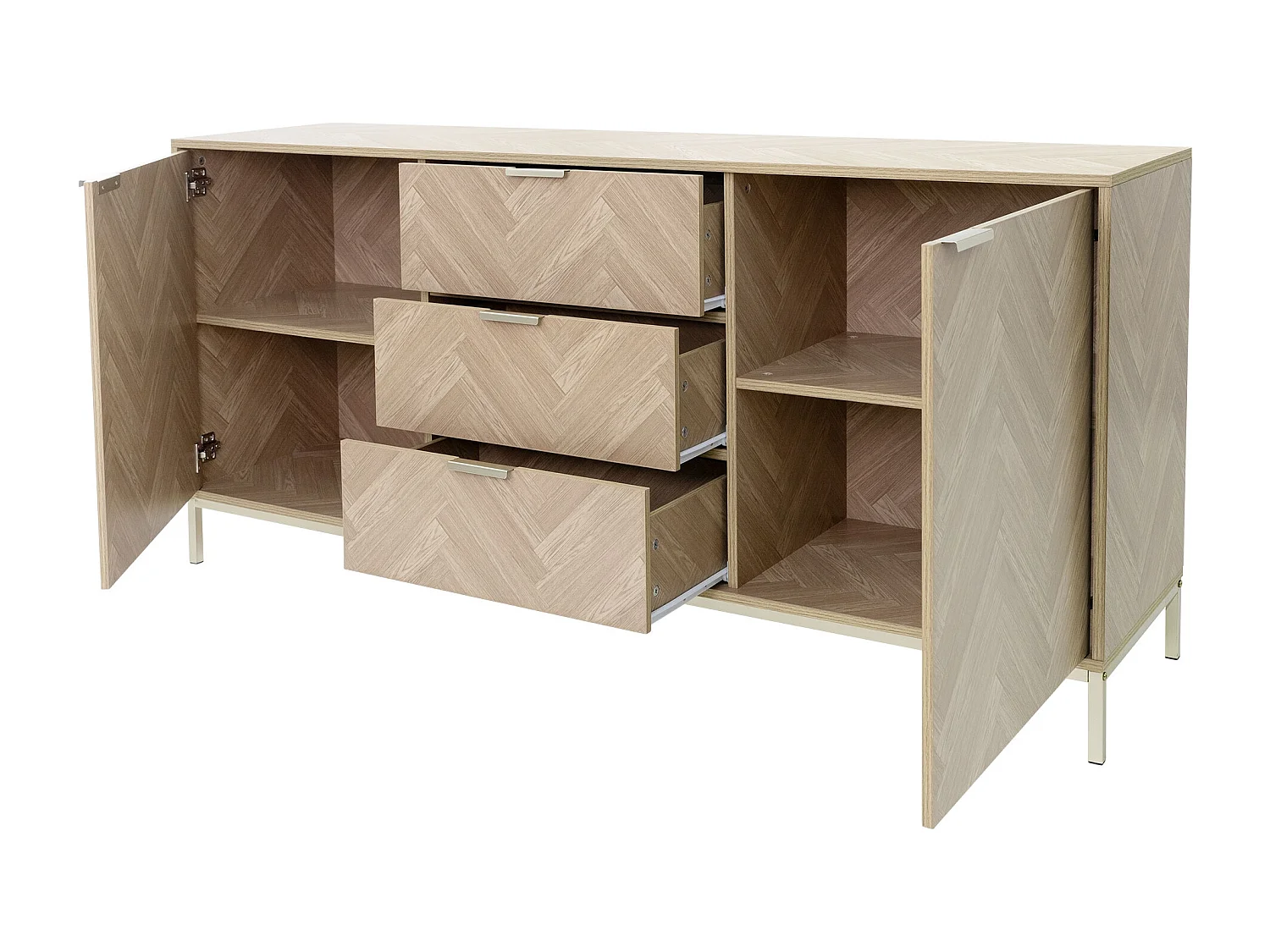 Buffet commode aspect chêne à chevrons meuble de rangement marron 160x75,5x40 cm