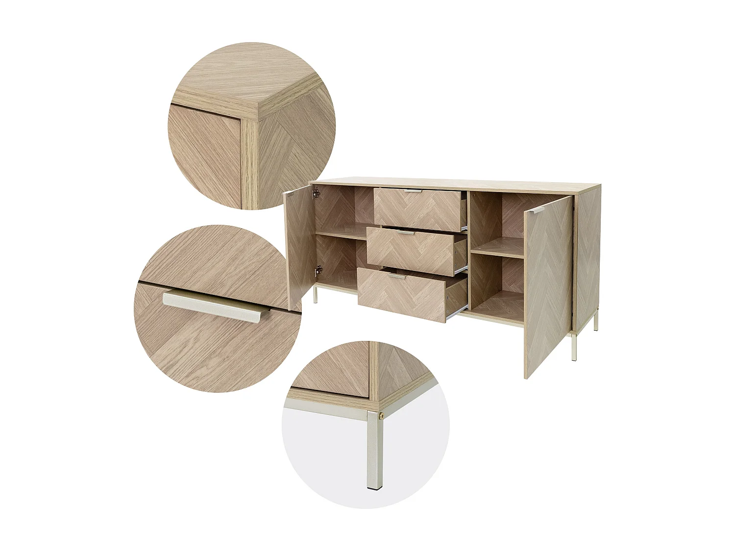 Buffet commode aspect chêne à chevrons meuble de rangement marron 160x75,5x40 cm