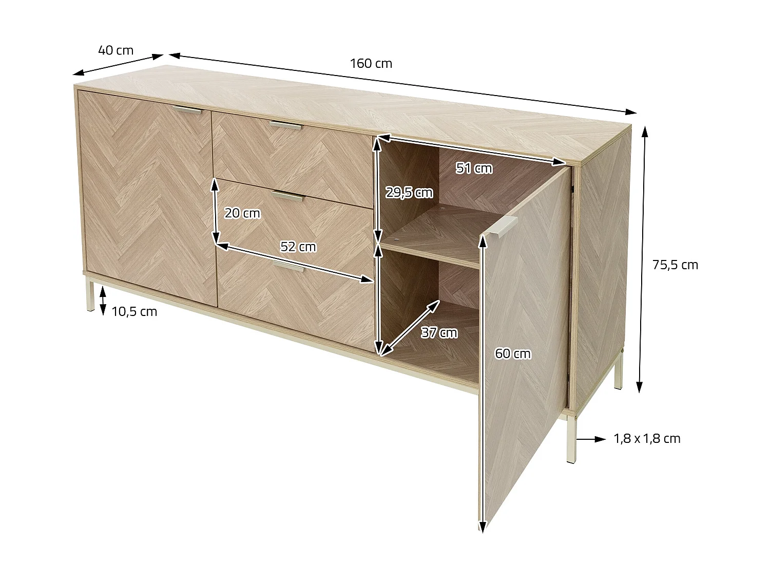 Buffet commode aspect chêne à chevrons meuble de rangement marron 160x75,5x40 cm