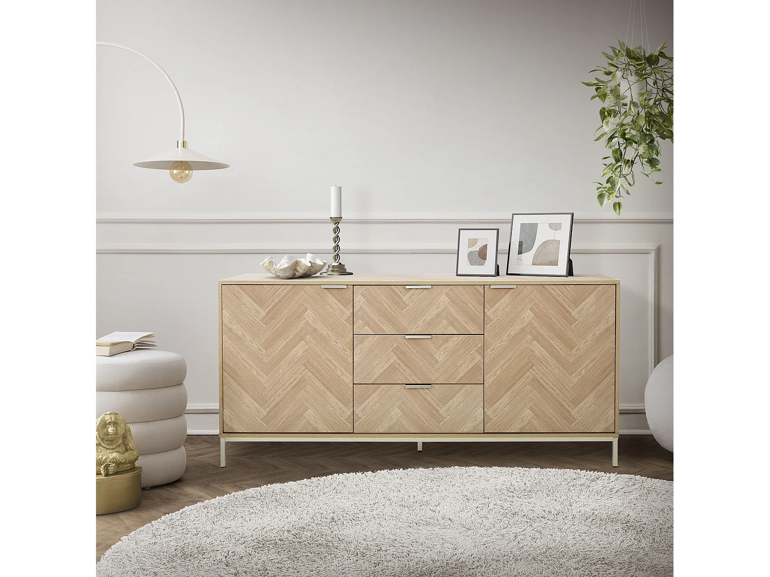 Buffet commode aspect chêne à chevrons meuble de rangement marron 160x75,5x40 cm