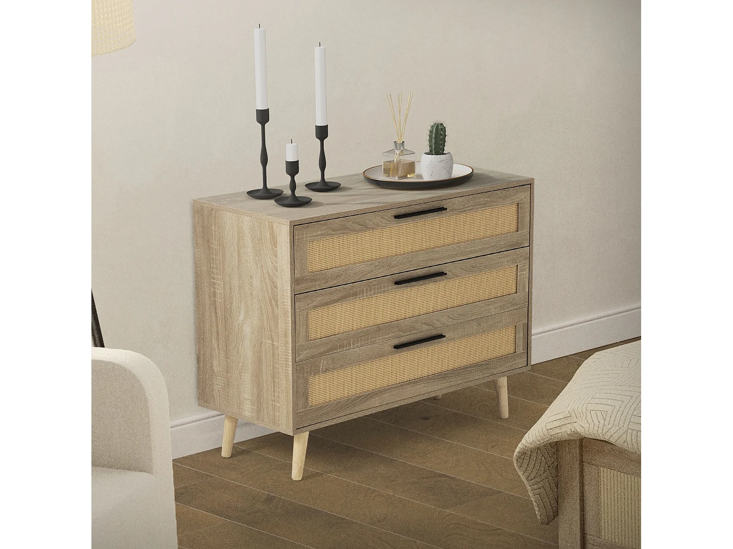 Cassettiera con 3 cassetti in legno di rattan credenza rovere 100x77x40 cm