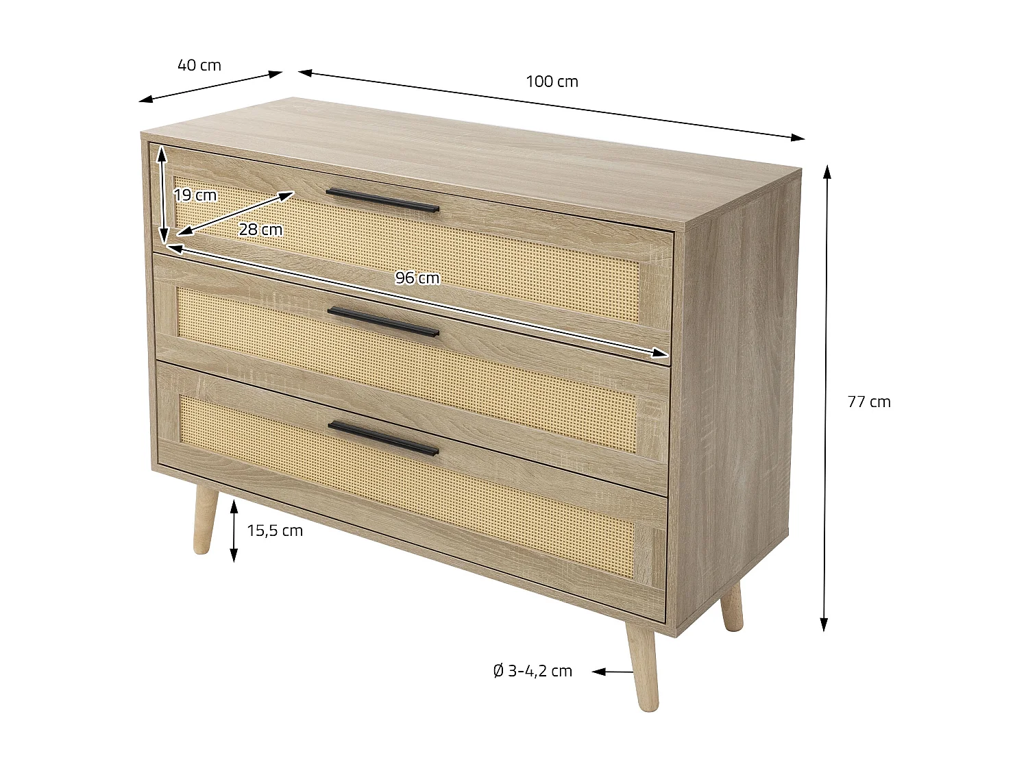 Cassettiera con 3 cassetti in legno di rattan credenza rovere 100x77x40 cm