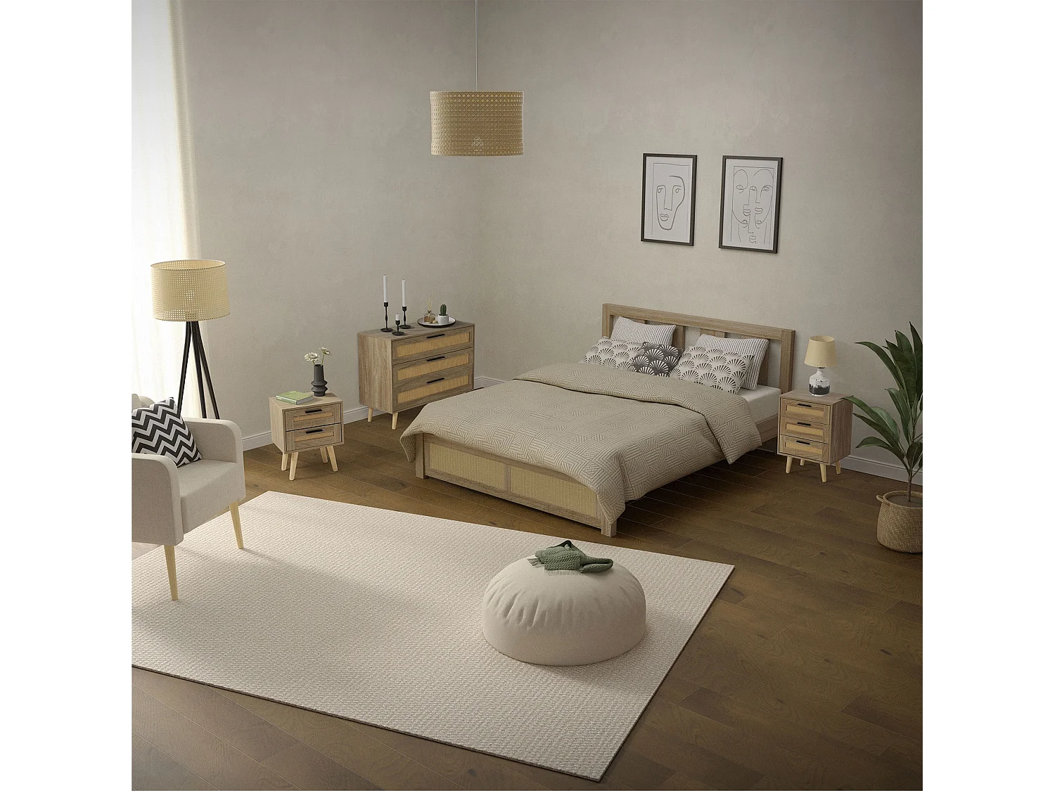 Cassettiera con 3 cassetti in legno di rattan credenza rovere 100x77x40 cm