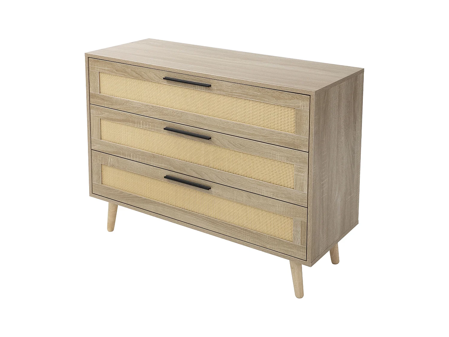 Commode à 3 tiroirs bois massif de rotin beige meuble aspect chêne 100x77x40 cm