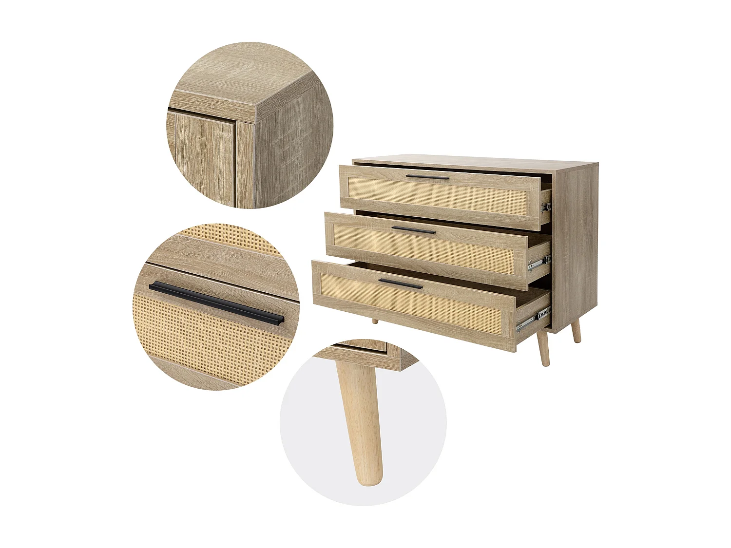 Cassettiera con 3 cassetti in legno di rattan credenza rovere 100x77x40 cm