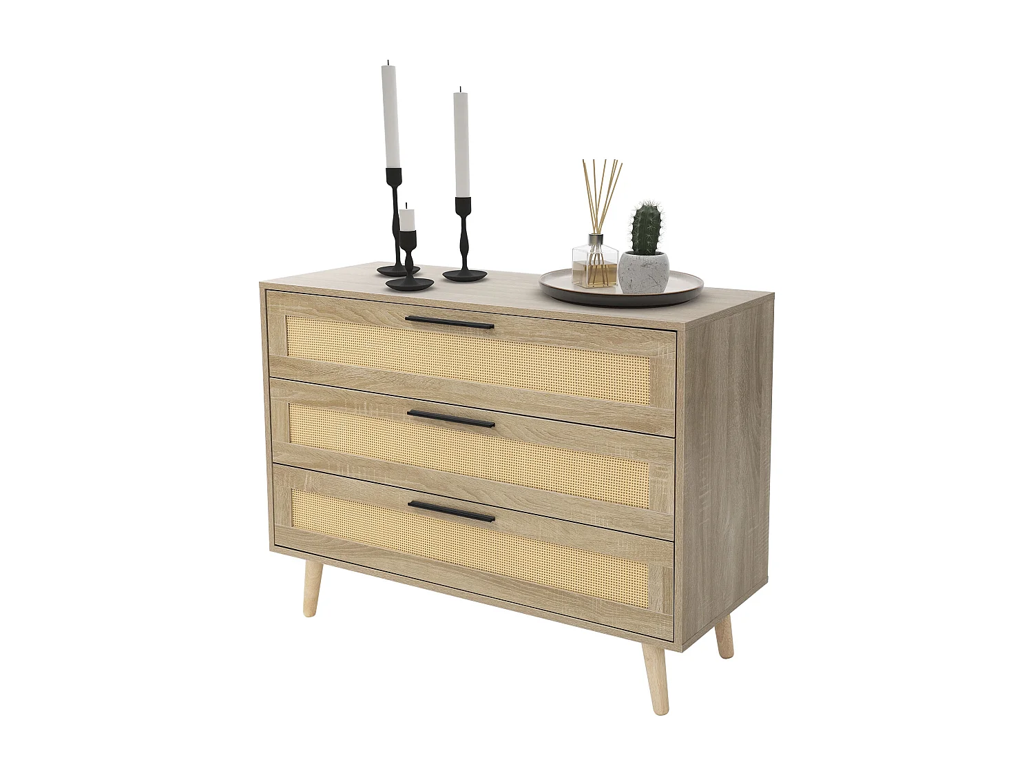 Cassettiera con 3 cassetti in legno di rattan credenza rovere 100x77x40 cm