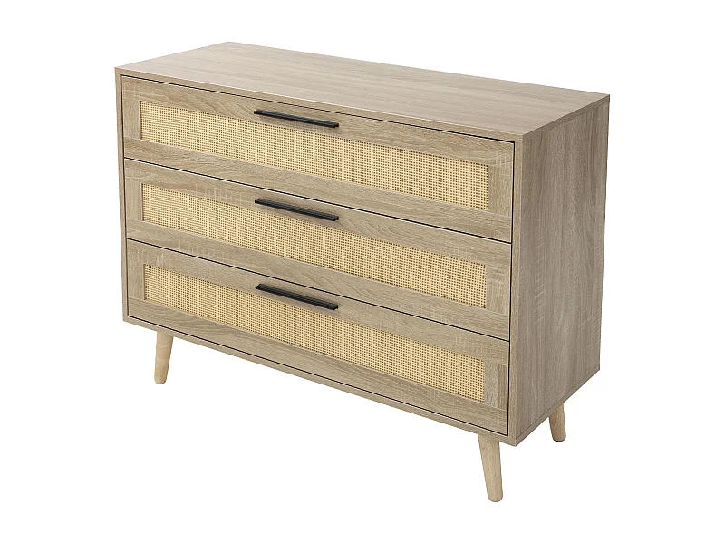 Commode à 3 tiroirs bois massif de rotin beige meuble aspect chêne 100x77x40 cm