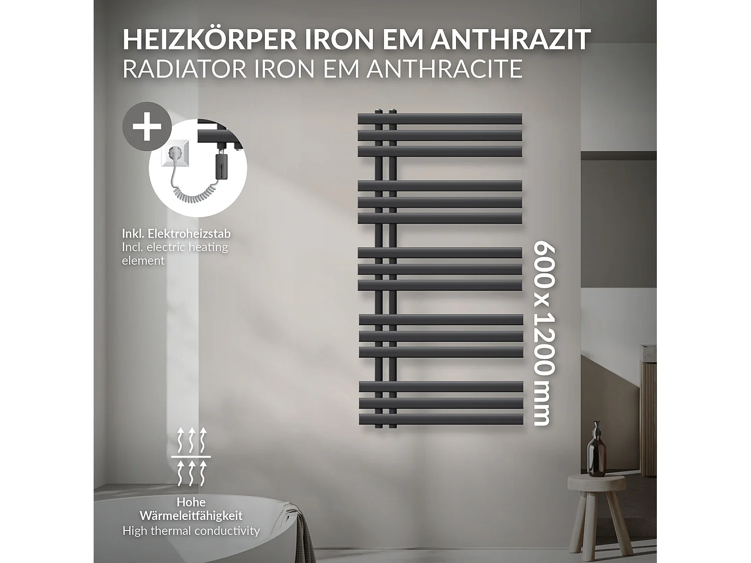 Radiatore elettrico da bagno Iron EM 600x1200 mm 900W termostato touch control