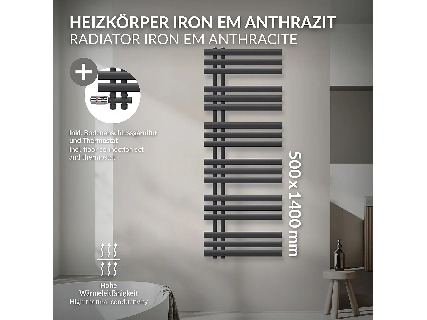 Radiatore Iron EM calorifero termosifone antracite raccordo a pavimento 50x140cm